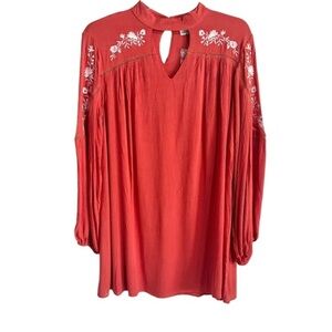 Paper Crane Coral Floral Embroidered Long Sleeve Keyhole Peasant Boho Top M New